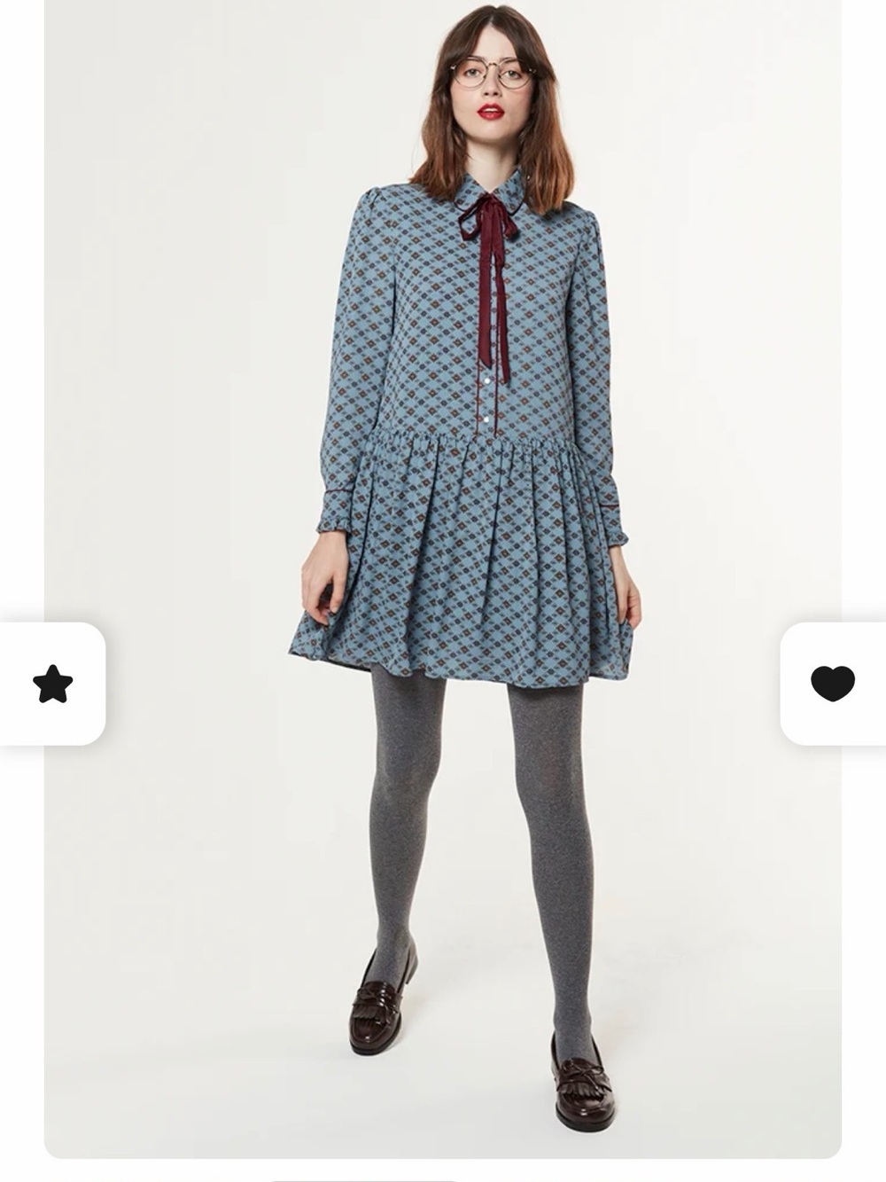 Miss Patina Petersen Dress Blue Patterned Mini Dress with Burgundy Tie-Neck
